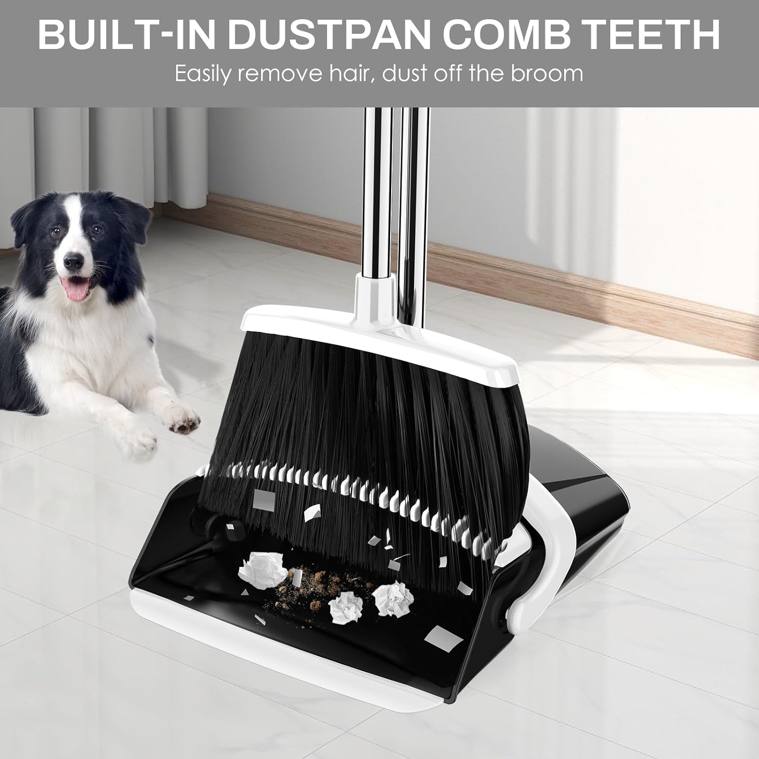 Broom and Dustpan Set for Home, 51-in Long Adjustable Handle Angle Broom and Dustpan Combo Set with Dust Pan Teeth to Clean Hair for Home Kitchen Office Lobby Floor Garden (Black&White) - Image 6