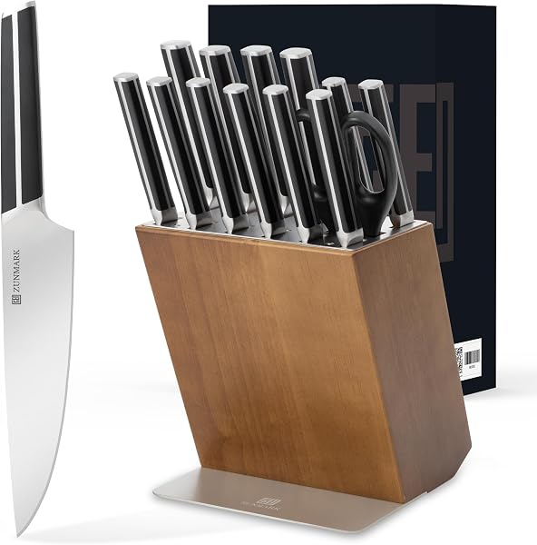 Set Coltelli da Cucina, 14 PZ con Portacoltelli, Acciaio Tedesco X50CrMoV15 Alto Carbonio, Design Salva-Spazio per Cucine Domestiche e Professionali, Nero - 1