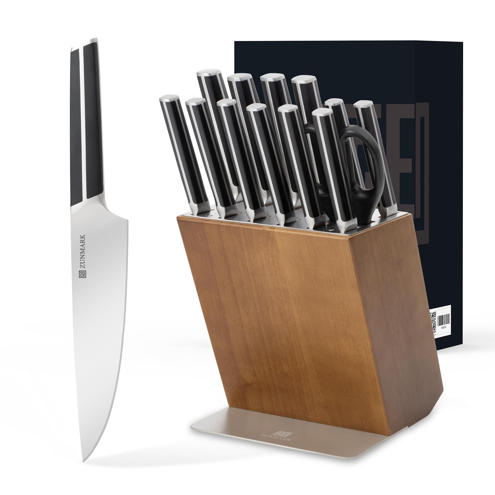 Knife Set, 13 Pieces Stainless Steel Knife Sets for Kitchen with Block, Kitchen Scissors, Sharp Kitchen Knife for Home and Restaurants, Gift Box Packed，Black. (15, black)