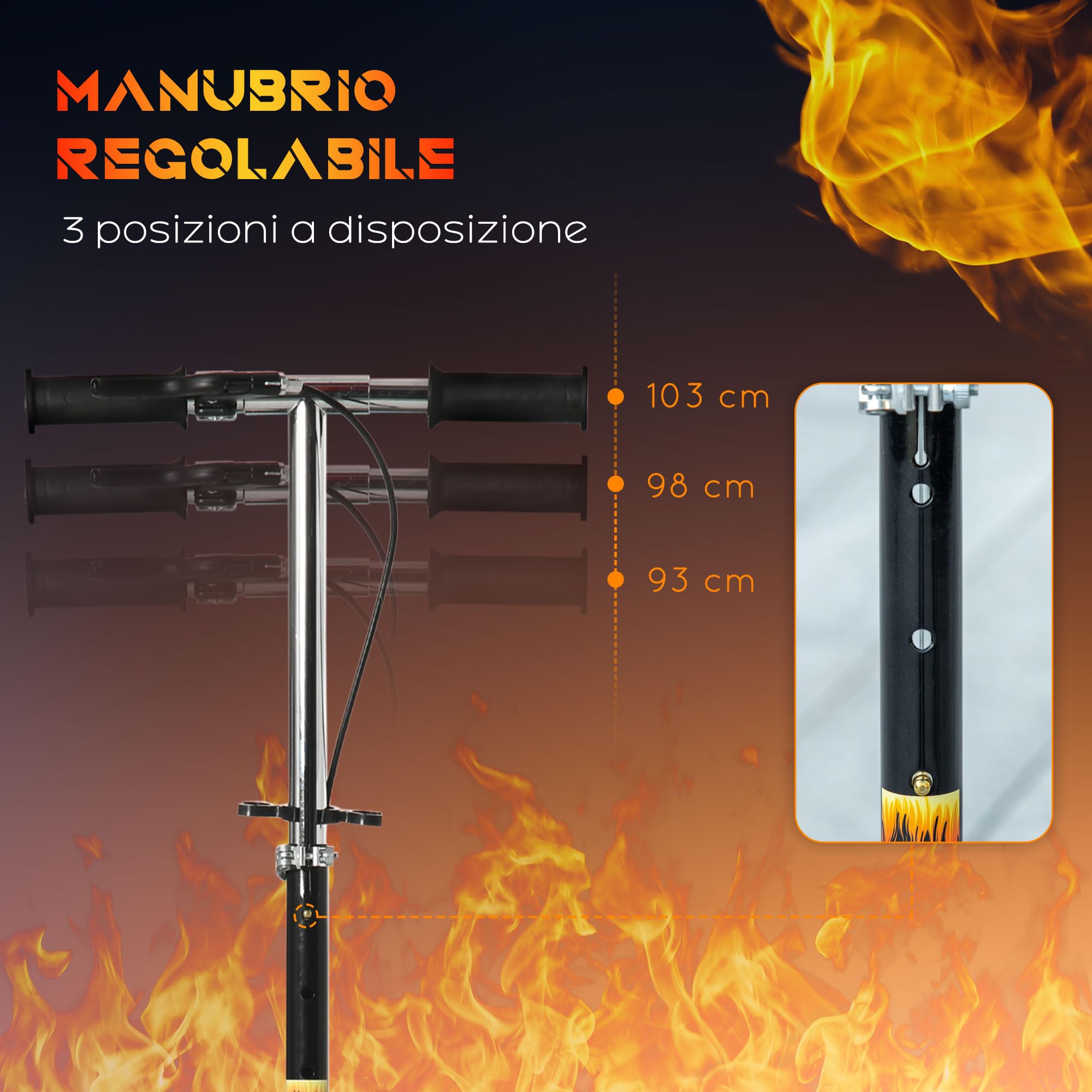 HOMCOM Monopattino per Bambini 7-14 Anni Pieghevole, in Plastica, PU e Metallo con Ruote Ampie e Manubrio Regolabile su 3 Altezze, 86x35x93/98/103 cm, Nero