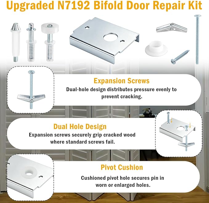 Kit de Reparación para Puertas Abatibles de Clóset, 3 Soportes Reforzados con Pivotes y Rueda Guía, Repara Puertas de Madera Agrietadas, Ajuste para Puertas de 1-3/8" de Grosor (Pivote de 7/16") miniatura 5
