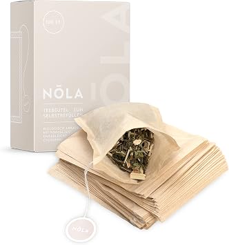 NOLA Disposable Tea Bags for Loose Tea Pack of 100 - Biodegradable & Recyclable - with Drawstring - 9.5 x 8 cm - Also Suitable for Teapots, Brown