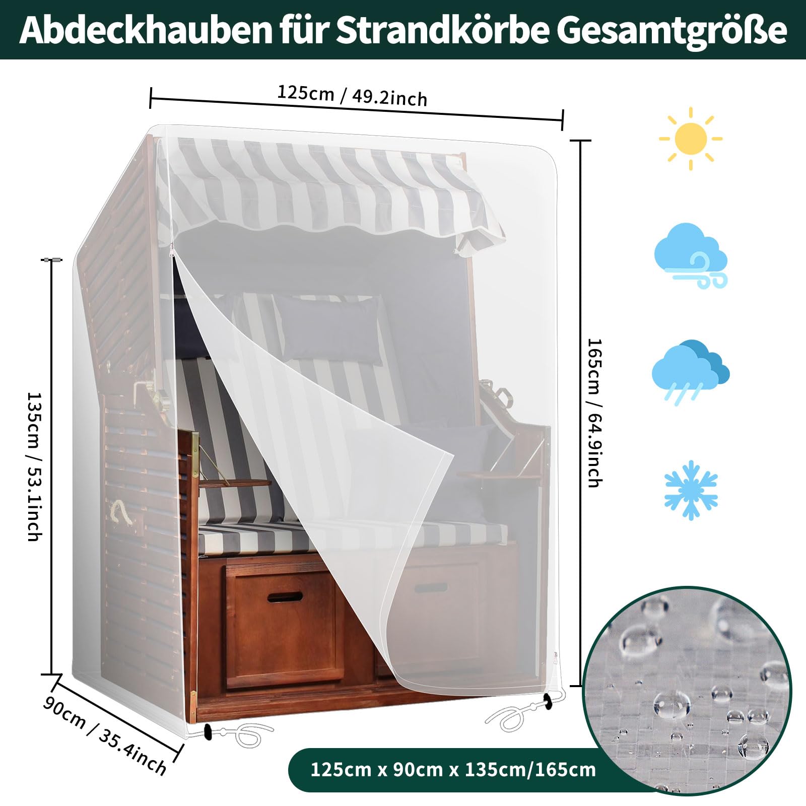 RICHIE Strandkorbhülle Wasserdicht, Winddicht, UV-beständig, reißfest Aufgewertete PE-Gewebeabdeckung für Strandkorb (125x90x135/165cm), Transparent