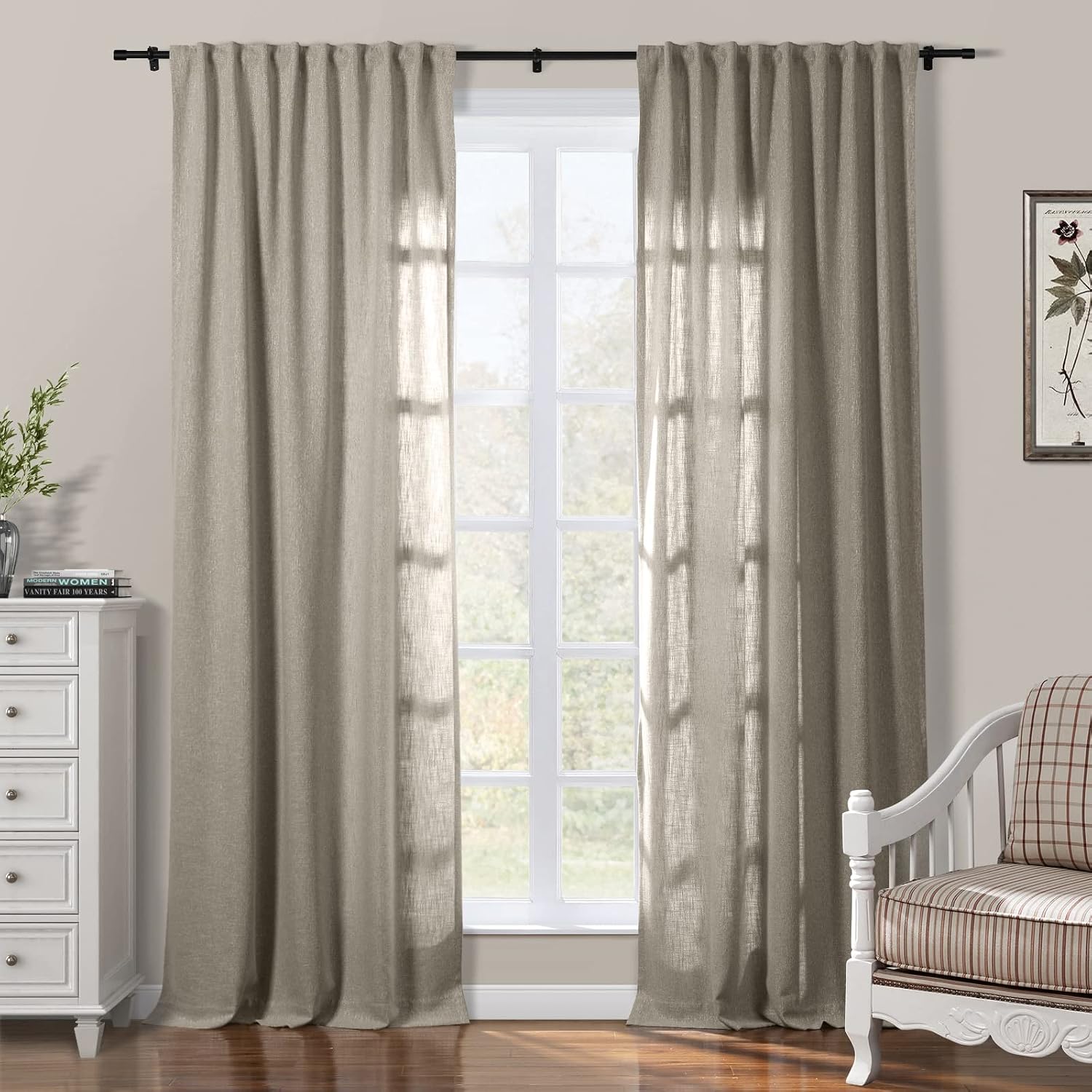 ChadMade Luxury Room Darkening Curtain Beige Cotton Drape for Traverse Rod Versatile Rod Pocket Hook Belt Back Tab 50Wx63L, 1 Panel, Beige, Sarai Collection