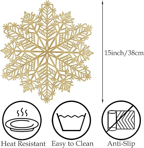 Miniatura 2 de Juego de 6 manteles individuales redondos de copo de nieve de Navidad, manteles individuales de vinilo dorado para decoración de mesa, fiesta,