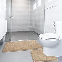 2 Piece Non-Slip Bath Mat Set, Luxury Thick Microfiber Shaggy Bathroom Rugs, 50 X 80 CM Soft Plush Shower Mat & 50 X 50 Toilet Pedestal Carpet, Machine Washable, Absorbent, Camel