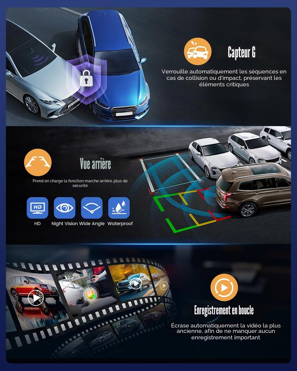 Dashcam Voiture 4 Canaux Avant/Arrière 1080P, Caméra Voiture WiFi avec Carte SD de 64 Go, écran IPS 3", Grand Angle, Vision Nocturne IR 8, Capteur G, Dash Cam Voiture avec Enregistrement en Boucle