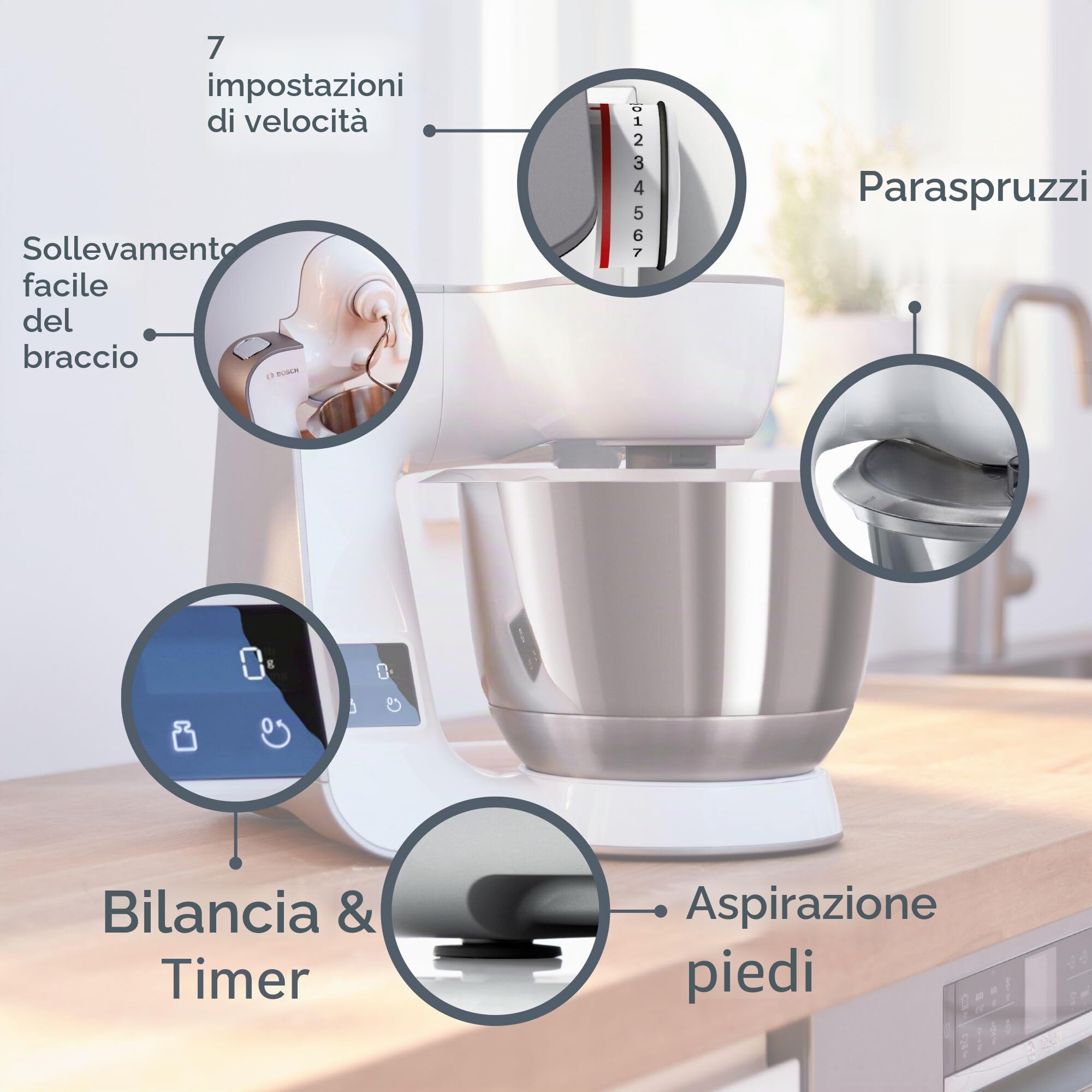 Bosch Serie 4 Planetaria MUM5XW20, 1000W, Ciotola in Acciaio Inox da 3,9 L, 7 Livelli di Velocità, Timer Integrato, Fruste, Gancio, Frullatore e Dischi Vari Inclusi, Lavabili in Lavastoviglie, Bianco