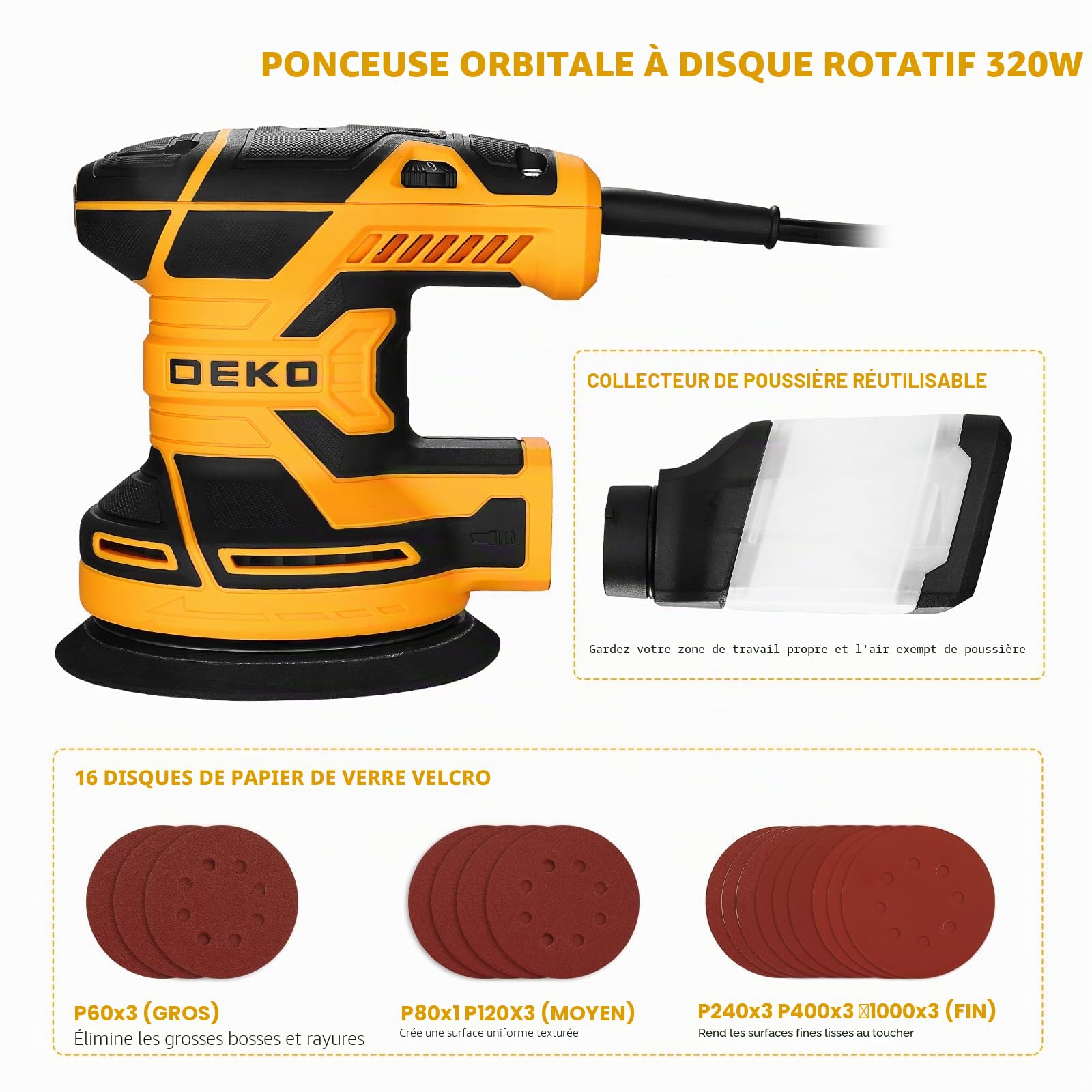 DEKOPRO 300W Ponceuse Orbitale Excentrique, 6 Vitesses, 14000RPM, Papier Abrasif 16 Pièces, Patin de Ponçage 125mm, Collecteur de Poussière, pour Surfaces en Bois et Acier