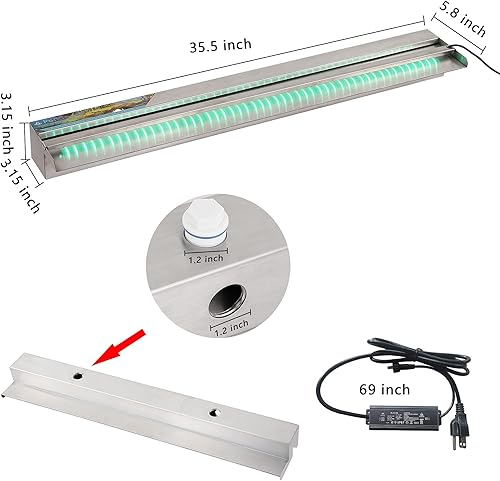 Miniatura 5 de Fuente de piscina de agua de 36 pulgadas de acero inoxidable 304 iluminada con plataforma de flujo de agua más amplia, tira de luz LED multicolor