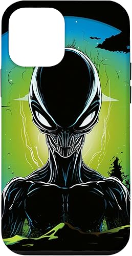 Vista 28 de iPhone 14 Pro Max Cute Green Alien Head UFO Space Face Alien Case