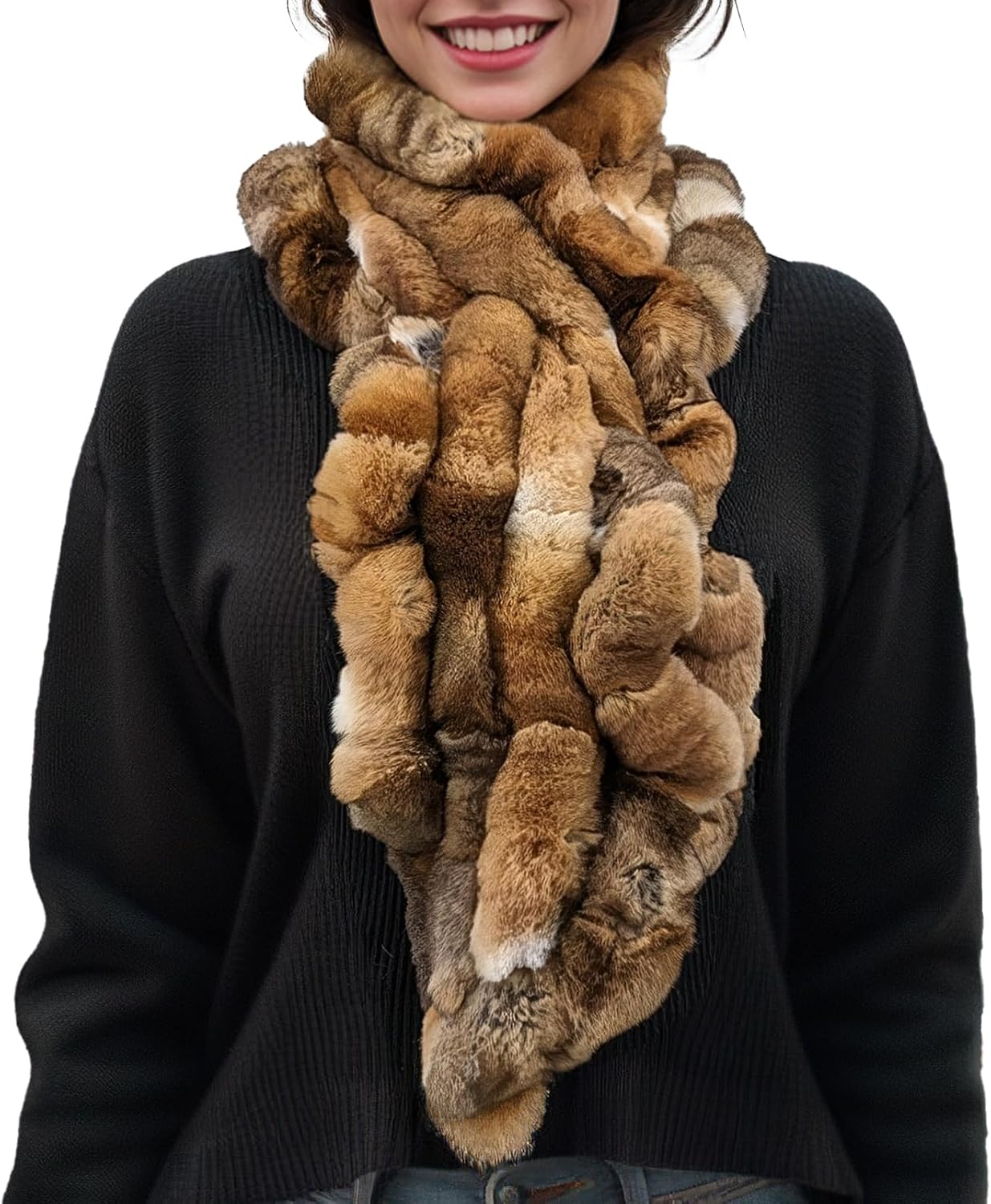 LVCOMEFF Women Natural Rex Rabbit Fur Scarf Furry Neck Warmer Outdoor Classic