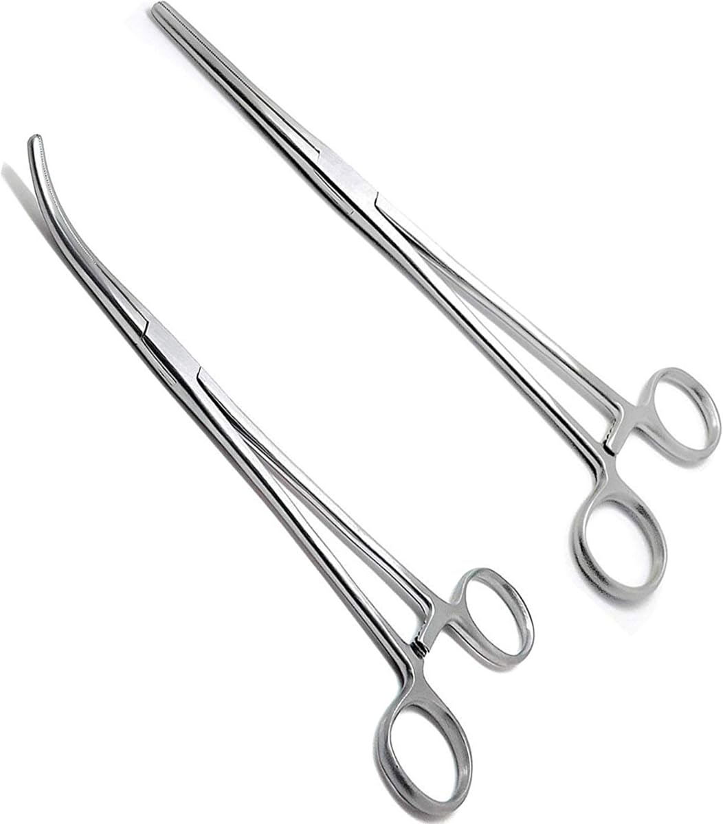 Forceps Set, Stainless Steel Hemostats, Curved & Straight Locking Forceps for Hook Removal, Serrated Jaws, Fishing Gear Tool, 5.5 Inch (2 Pack)