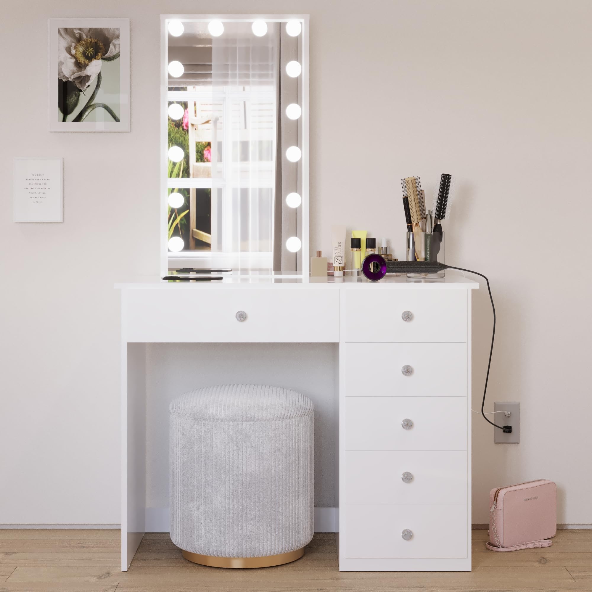 Boahaus Makeup Vanity Desk with Lights | Sofia, 1 Drawer, 5 Conventional Drawers, Customizable Lighting - for Bedroom