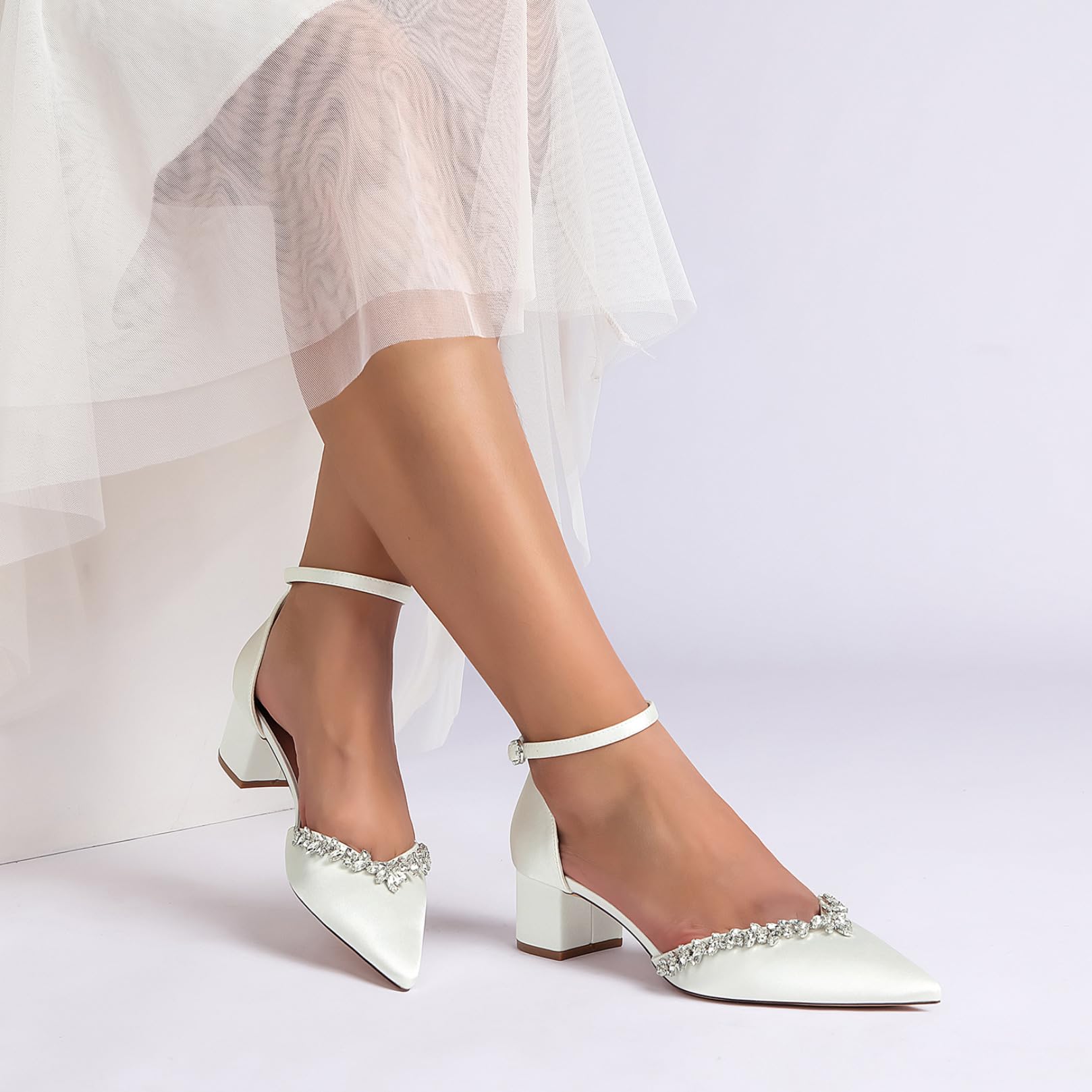 Mujer Tacón Gruesos Medio Zapatos De Novia Correa Al Tobillo Zapatillas De Vestir con Diamantes De Imitación Puntera Puntiaguda Zapatos De Fiesta De Graduación De Boda