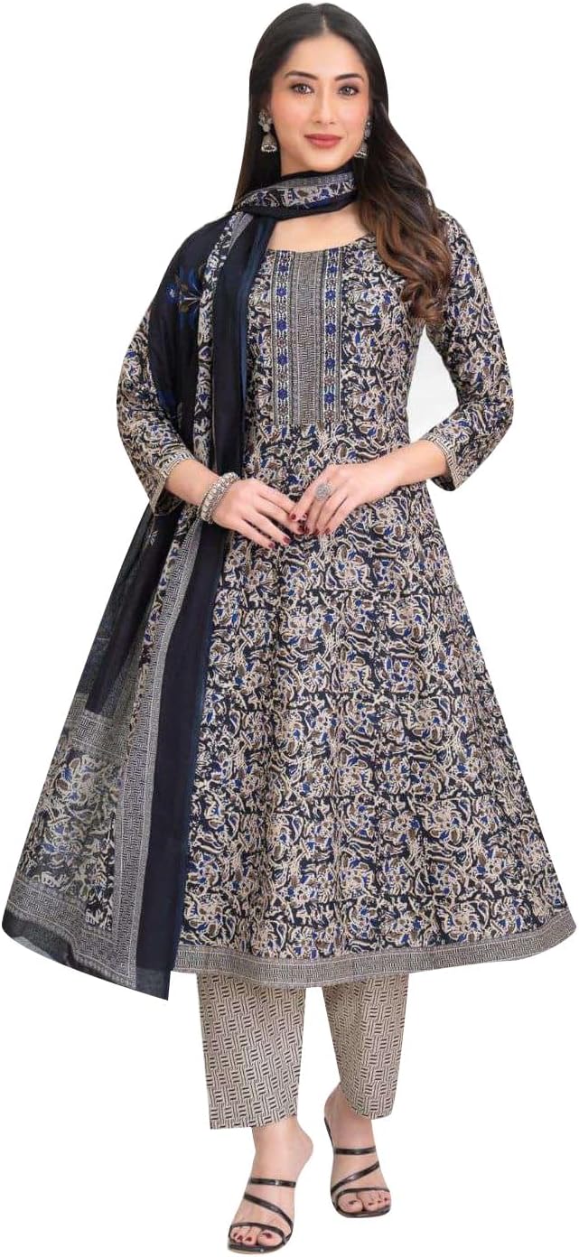 ladyline Womens Cotton Anarkali Salwar Kameez Suit Set | Printed Flared Kurta, Pants & Lawn Dupatta | Evening & Festive Wear