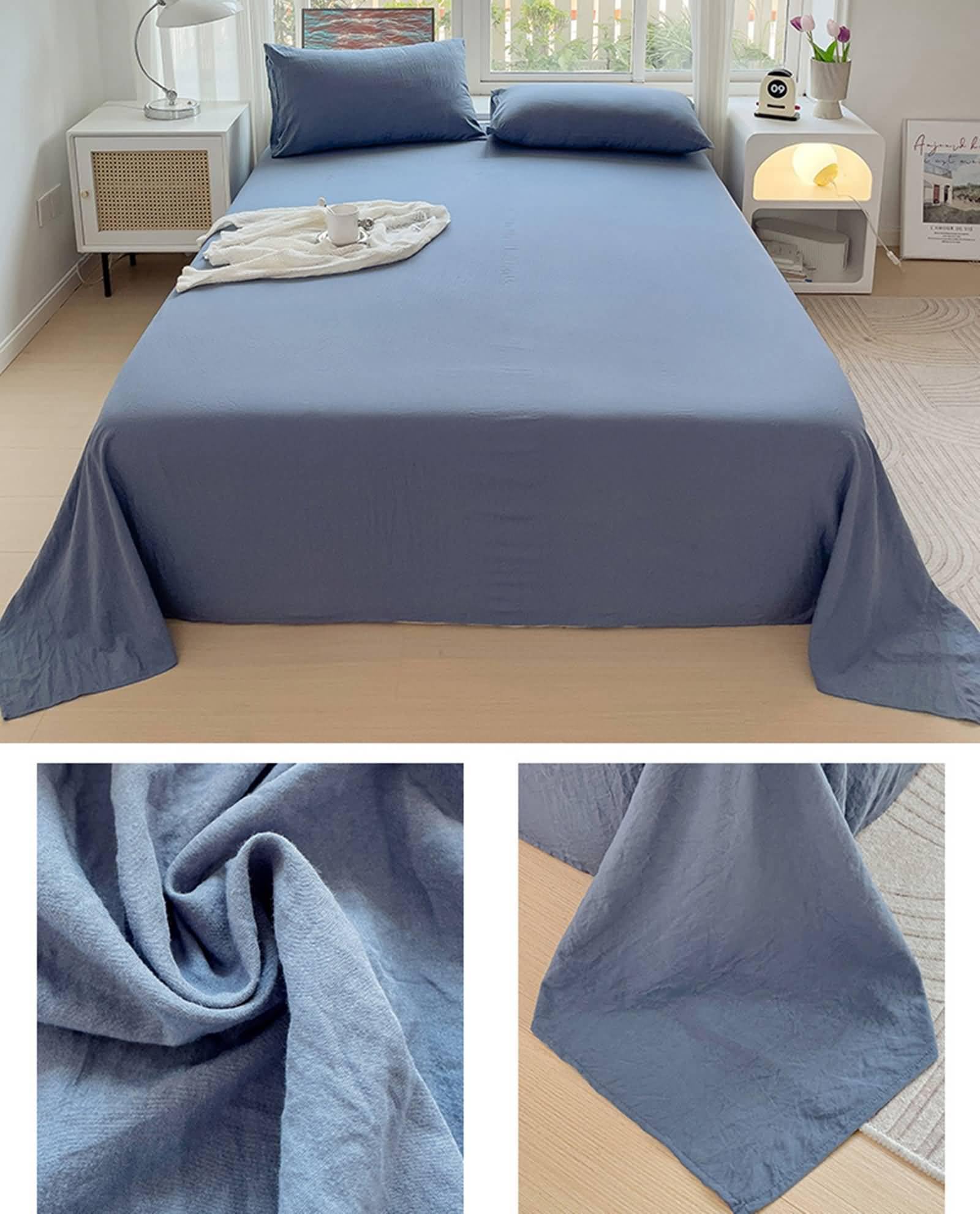 Sábanas sin goma de 160 x 230 cm, sábana individual de algodón lavado liso sábana y 2 fundas de almohada verano suave y transpirable, azul