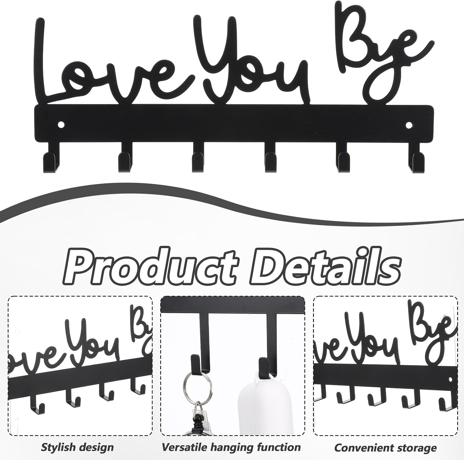 Key Holder Wall Mount, Large 'Love You.Bye' Entryway Organizer with 5 Hooks,Black Metal Key Hanger —No Drill Adhesive for Home Wall Decor（Type 2）