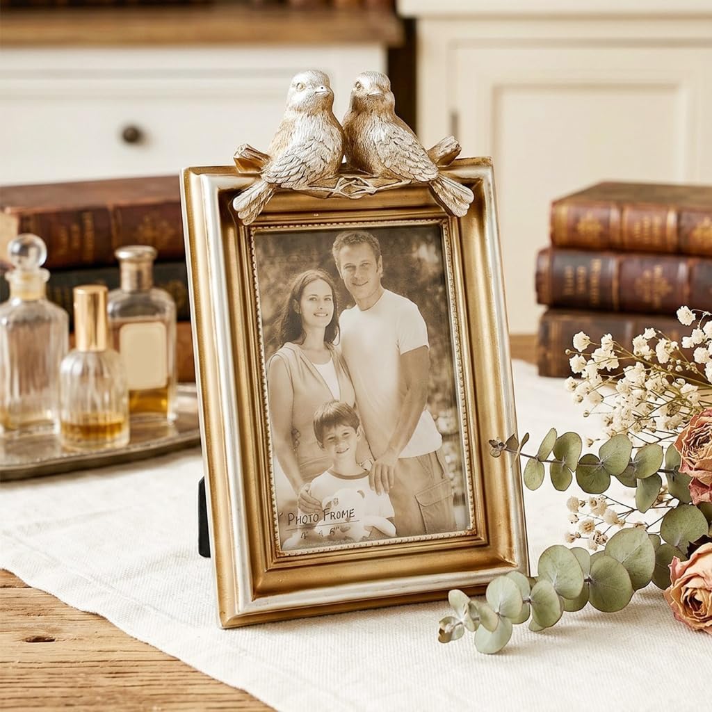 European Resin Photo Frame with Handcrafted Bird Detail Ideal for Living Room