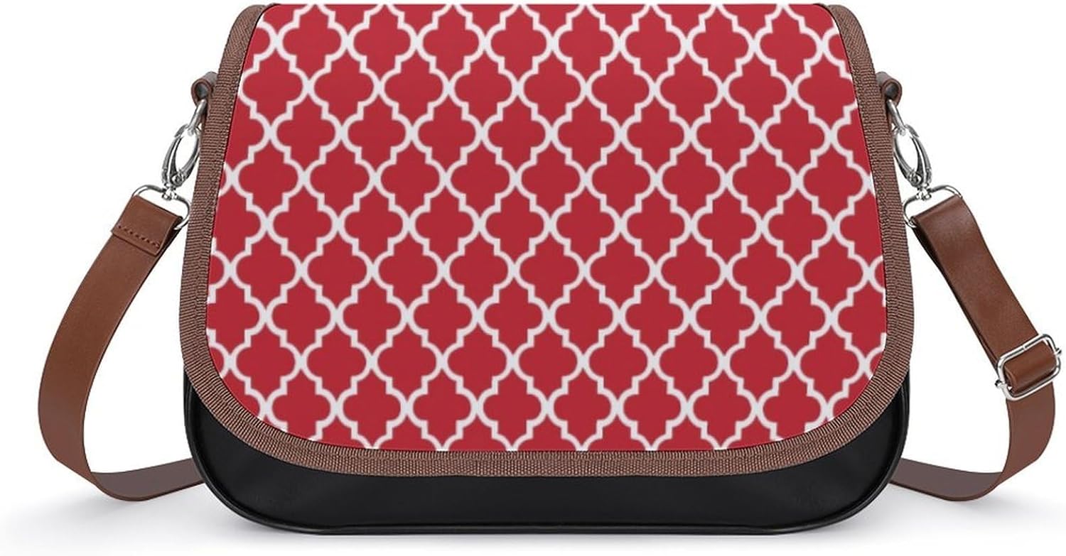 Red Quatrefoil Tiles PatternWomen's Faux Leather Crossbody Bag, Waterproof Wrinkle-Resistant Shoulder Bag with Detachable Strap, Large Capacity Casual Handbag, Fashion Daily Purse for Shopping Work Da