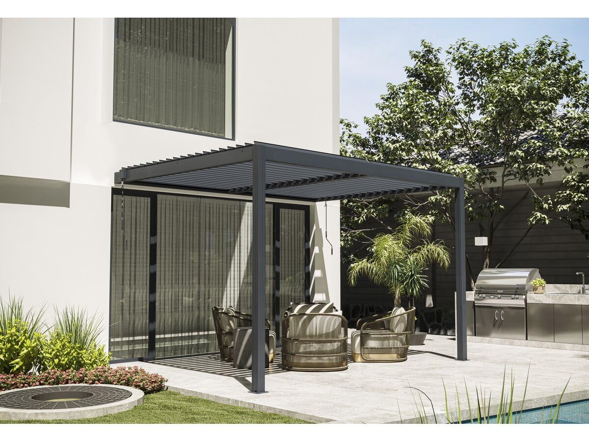 Pergola bioclimatique adossée avec LED Windsor - 3 x 4 m - Anthracite