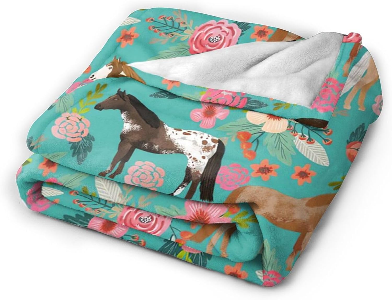 Popular Horses Floral Horse Breeds Farm Animal Pets Flowers Ultra-Soft Micro Fleece Blanket Air Conditioning Quilt for Women Colder Weathwe,Comfy Warm Flannel Fleece Throw Blanket for Sofa 80"X60"