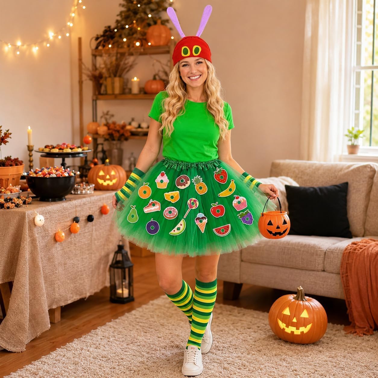 JcHrmers 29 Pcs Caterpillar Costume Accessories Set Green Tutu Skirt Red Beanie Antenna Headband Striped Socks Arm Warmers Food Decorations for Adults Women Halloween Book Character Day