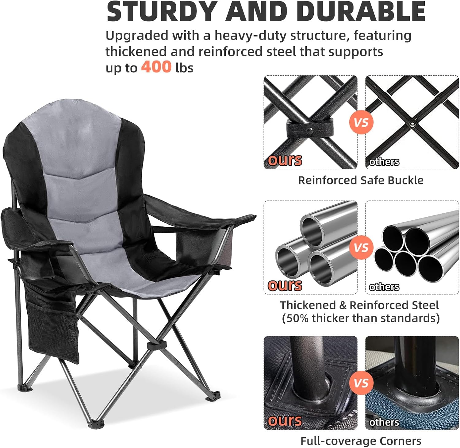 2 Pack Folding Camping Chairs for Adults - High Back Padded Outdoor Lawn Chairs with Lumbar Support & Cup Holder, 400lbs Heavy Duty Portable Camping Chairs Set (Black & Light Gray)