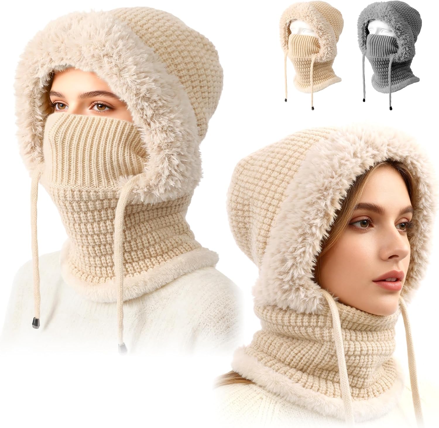 3 in 1 Beanie Hat for Women, Womens Balaclava Winter, Upgraded 3-in-1 Cold Knitted Hats Wind Resistant Hooded Scarf