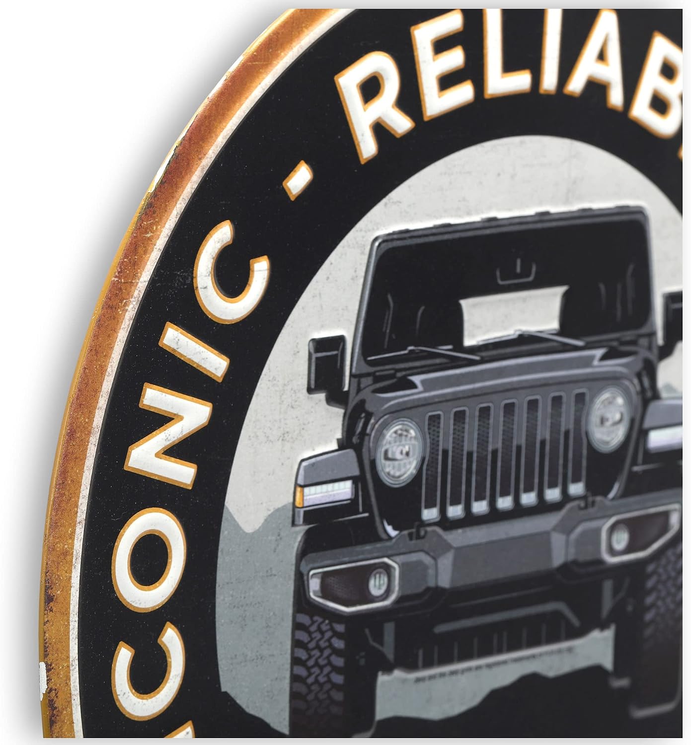 Jeep Iconic Reliable 4WD Round Metal Sign - Vintage Jeep Sign for Garage, Shop or Man Cave