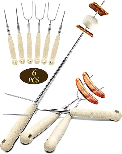 Juego de 6 palitos de malvavisco de 32 pulgadas para hoguera, palitos Smores Sticks, diseño extensible, palos de asado de acero inoxidable para