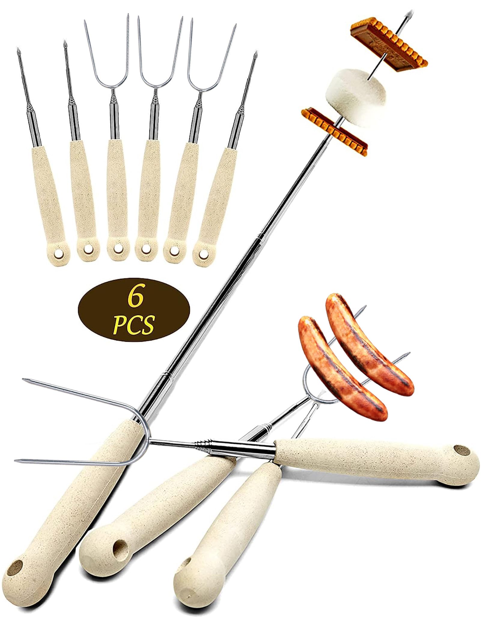 Atigrado 6 Pcs 32 inch Marshmallow Sticks for Fire Pit, Smores Sticks Skewers Smores Kit, Extendable Design, Stainless Steel Roasting Sticks for Campfire Accessories Outside Camping and Fireplace
