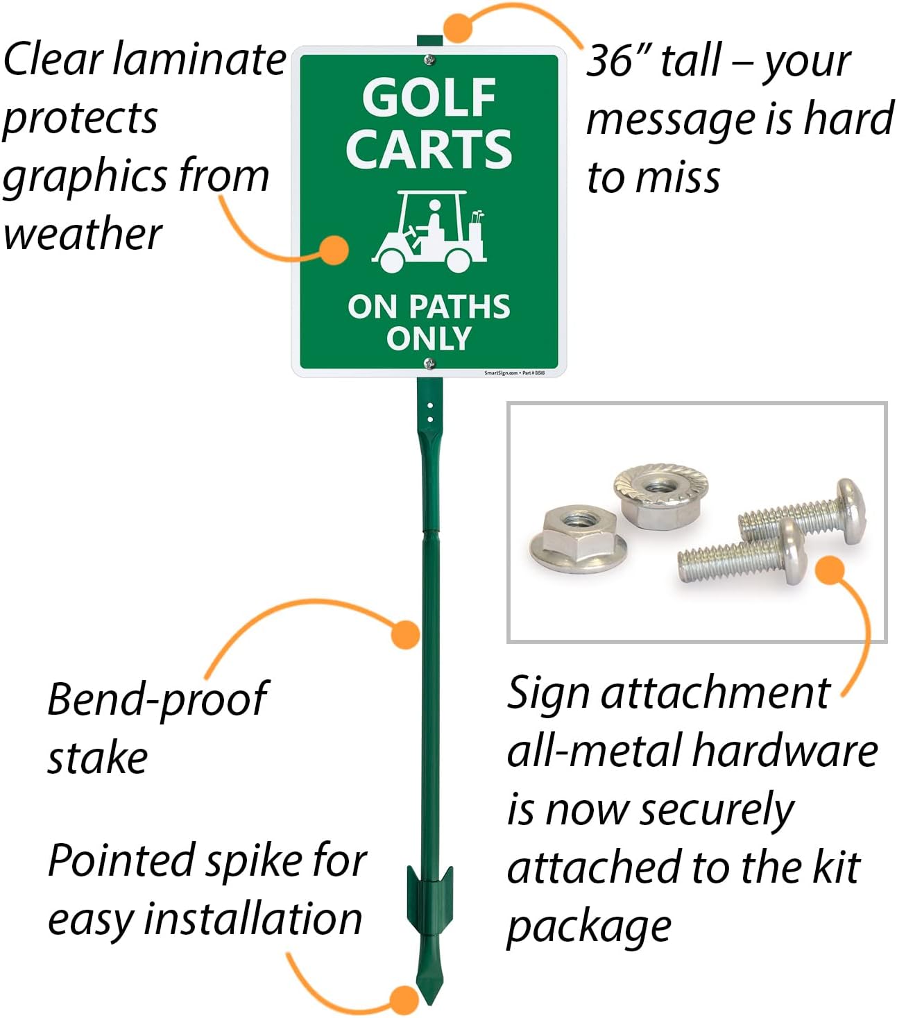 SmartSign 12 x 10 inch “Golf Carts On Paths Only” Yard Sign with 3 foot Stake, 40 mil Laminated Rustproof Aluminum, Green and White, Set of 1, Made in USA