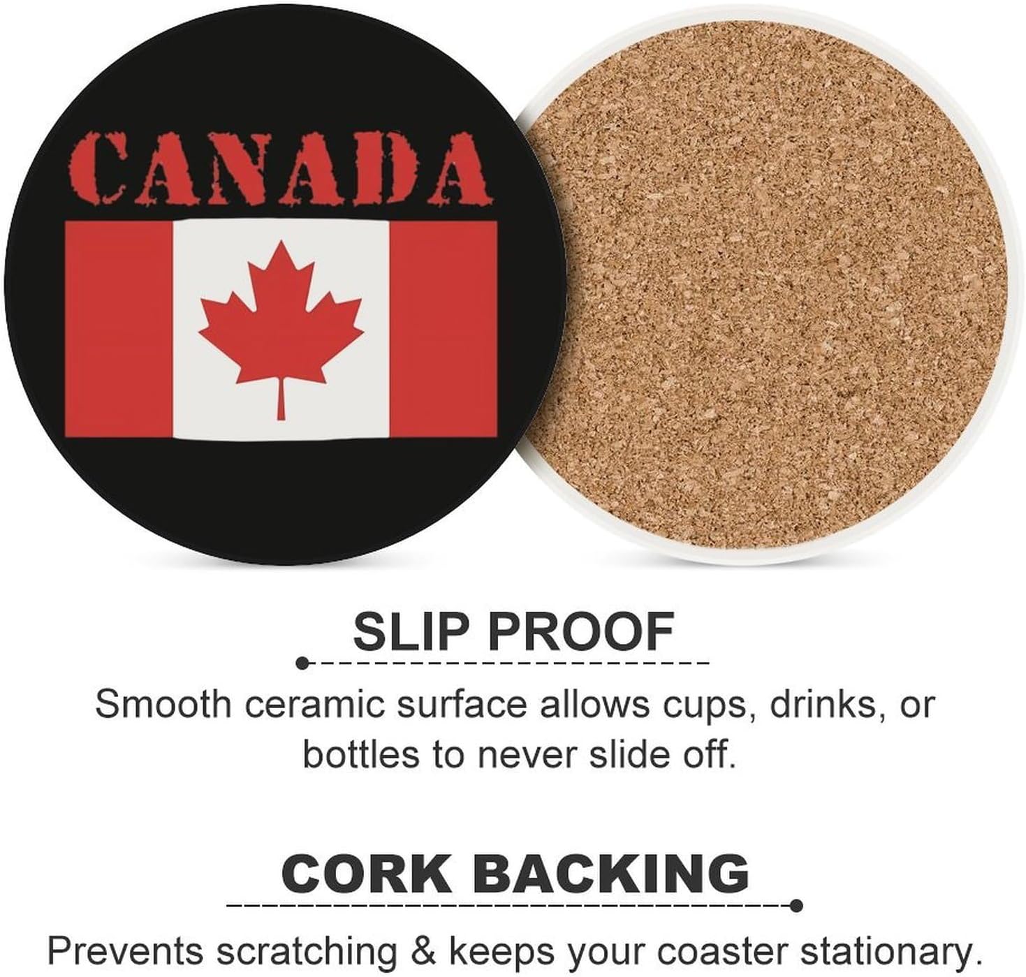 Canada Flag Round Ceramic Coasters for Drinks Absorbent Cup Holder Tabletop Protector with Cork Base
