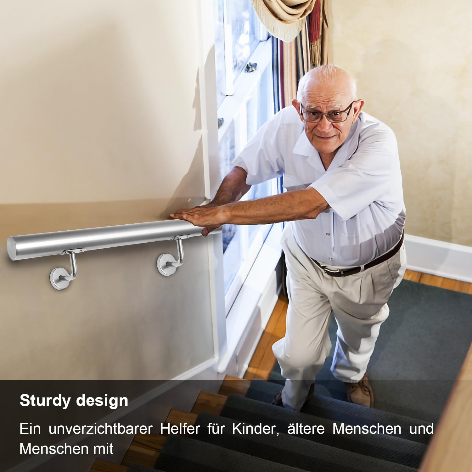 Handlauf Edelstahl,Treppengeländer Wandhandlauf Innen & Außen,Geländer Handlauf Treppe,inkl. Wandhalterung und Endkappen, Rund Ø42mm,Treppe Wandhalter Haltegriff Stange, Länge:180 cm