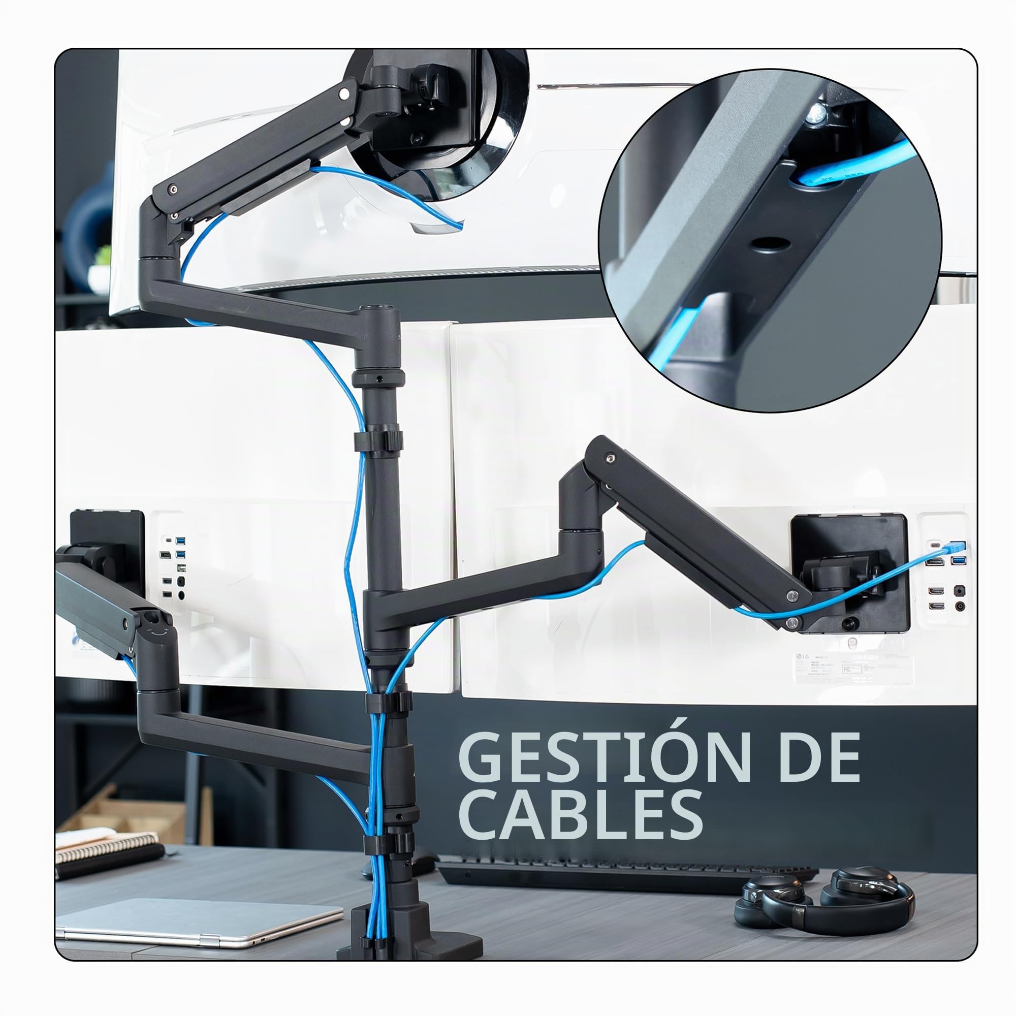 VIVO Soporte de escritorio extra alto con brazo neumático para triple monitor ultraancho para pantallas de hasta 124 cm, abrazadera resistente, soporta 3 monitores ultraanchos de hasta 20 kg, negro