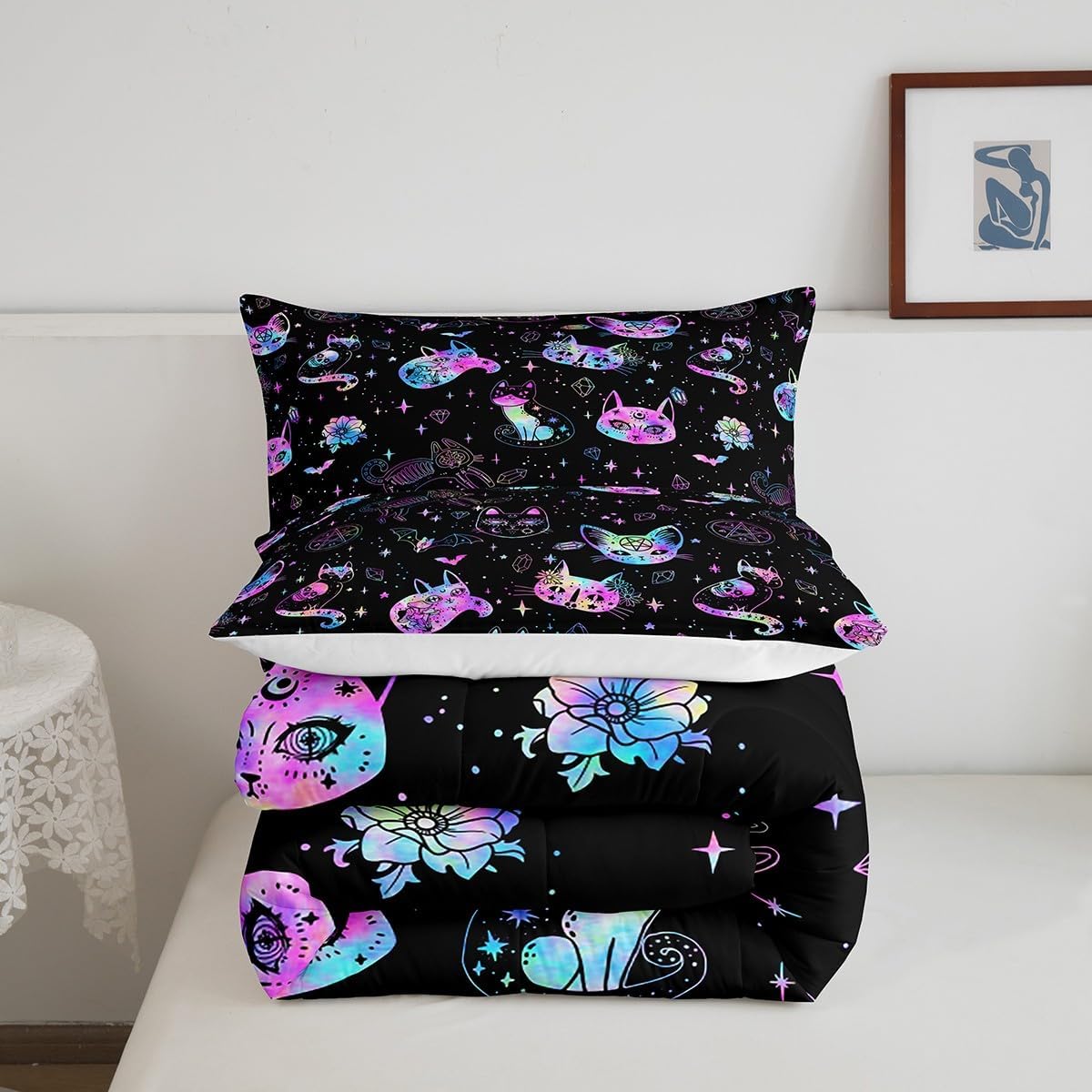 Ombre Cat Skull Comforter Set Queen Size Black Galaxy Starry Bedding Set Bedroom Decor Gothic Constellation Quilt Set Breathable White Bats Animal Duvet Insert with 2 Pillowcases