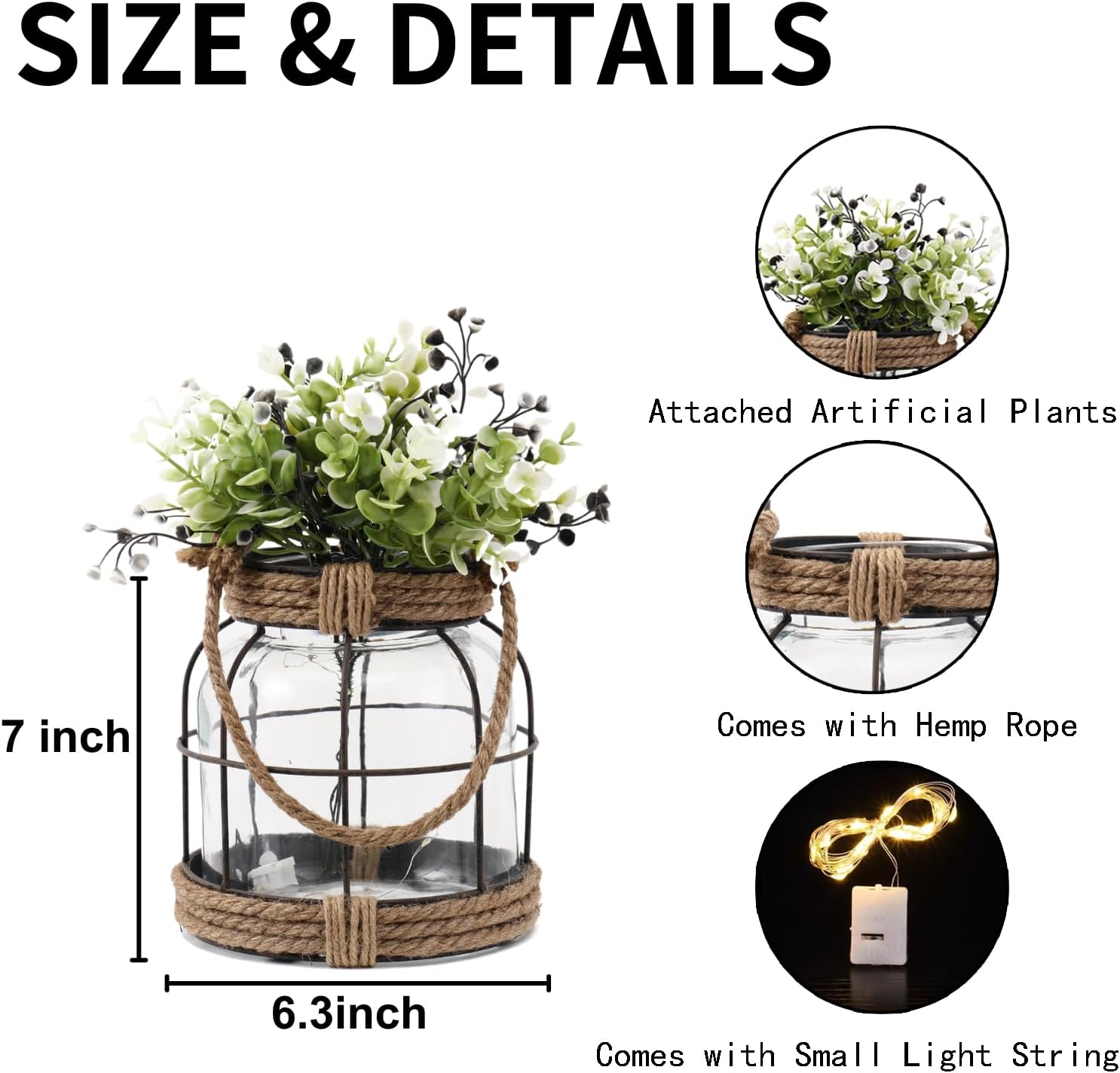 Rustic Glass Vase with Artificial Flowers, Farmhouse Decor with Lights, Vintage Glass Vase with Handles for Home Decor, Floral Arrangement, Wedding, Birthday, Housewarming Gift, (Rustic)
