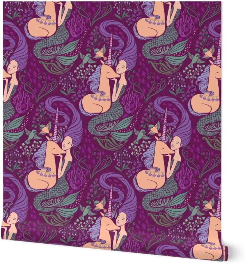 Spoonflower Commercial Grade Wallpaper 27ft x 2ft - Mermaid Unicorn Mythical Purple Storytelling Magical Baby Girl Fantasy Traditional Wallpaper