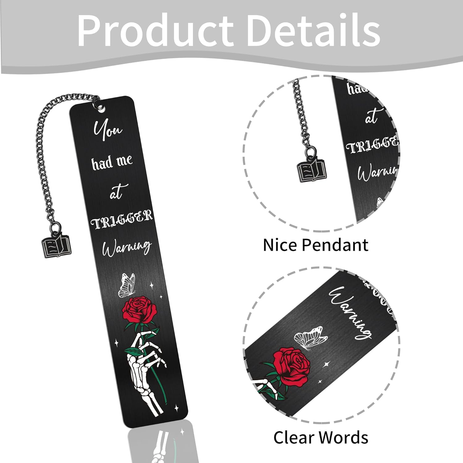 Dark Romance Metal Bookmarks for Women, 2 Pcs Gothic Skull Rose Book Mark with Chain Pendant, Vintage Aesthetic Book Marker Clips for Readers Book Lovers Gifts Dark Romance Merch Christmas Stuffer - Image 3