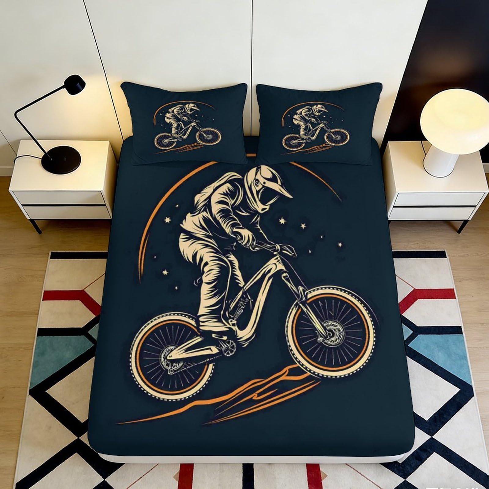 3D Printed Biker Pattern Fitted Sheet, Microfiber Soft Touch Bed Cover, Easy Care, Apartment Bedding, Bedroom Decor, 113 chars 90x200x25cm
