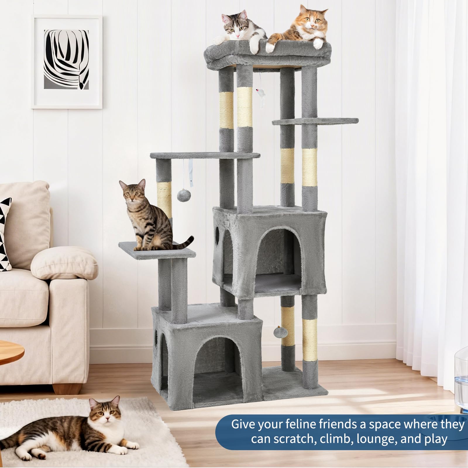 GarveeHome Torre Rascadora para Gatos Grandes - Árbol De 156 cm con 7 Postes De Sisal Natural, Plataforma Extra Grande y 2 Casas, Estructura Robusta para Maine Coon y Gatos Pesados - Gris