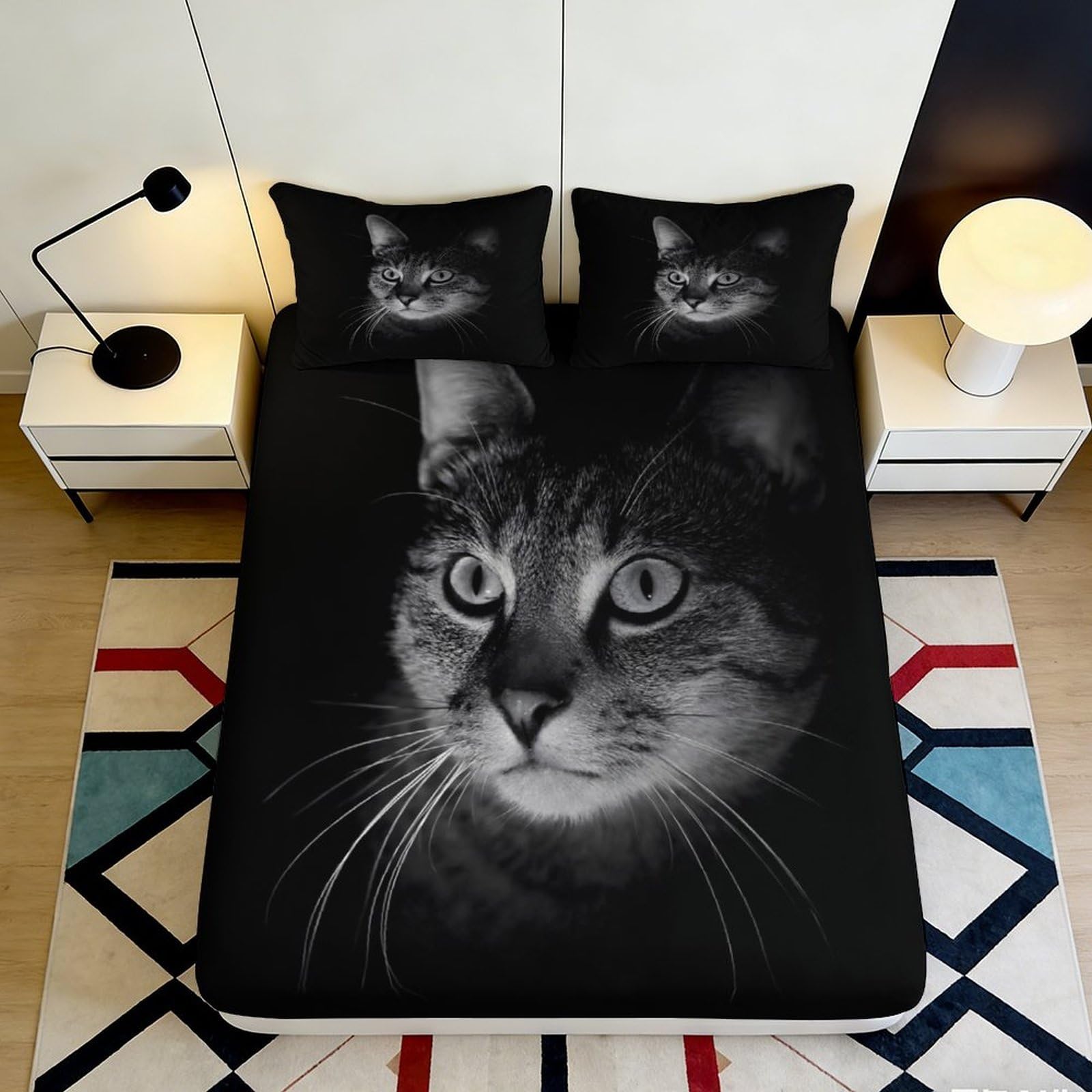 Pnayamiorkfel Style-7 3D Printed Black Cat Portrait Fitted Sheet Microfiber Soft Breathable Artistic Bed Cover For Bedroom Guest Room Mattress Protection 90X200x25cm