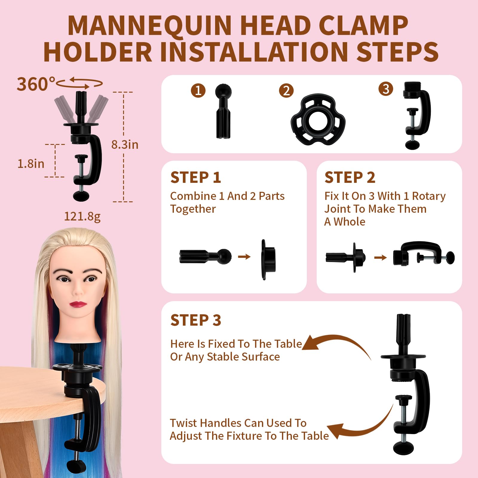 28" Mannequin Head With Hair Cosmetology Manikin Practice Braiding Hair Doll Head For Hair Styling Hairdressing Head For Braiding With Free Wig Head Stand Hair Styling Tools Set (Multicolor) - Image 4