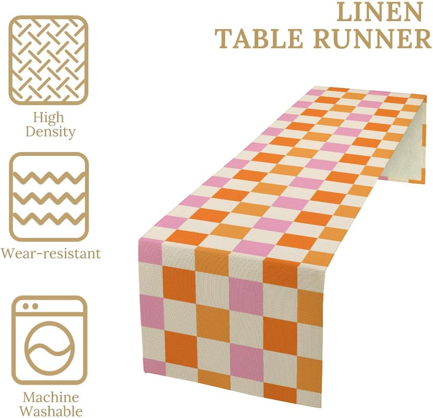 Hippie Table Runner Vintage Geometric Square Grid Yellow Orange Pink 1960s 1970s Retro Country Farmhouse Dinner Runner for Living Room Kitchen Party Holiday Dinner Home 13x90in