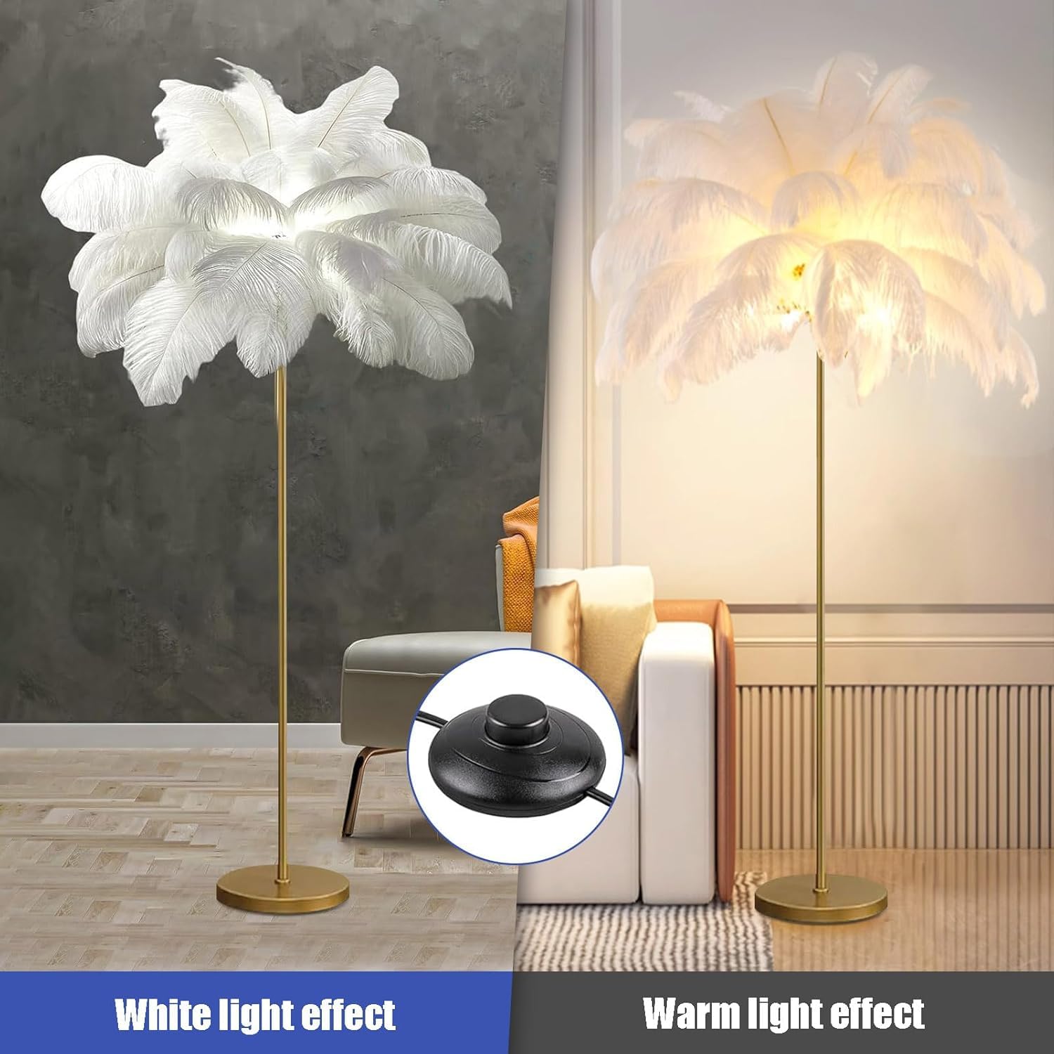 Lampa podłogowa z piór 160 cm z żarówką G4-LED, lampa stojąca z piór z włącznikiem nożnym, elegancka lampa podłogowa z naturalnego pióra strusia do sypialni, salonu, biała
