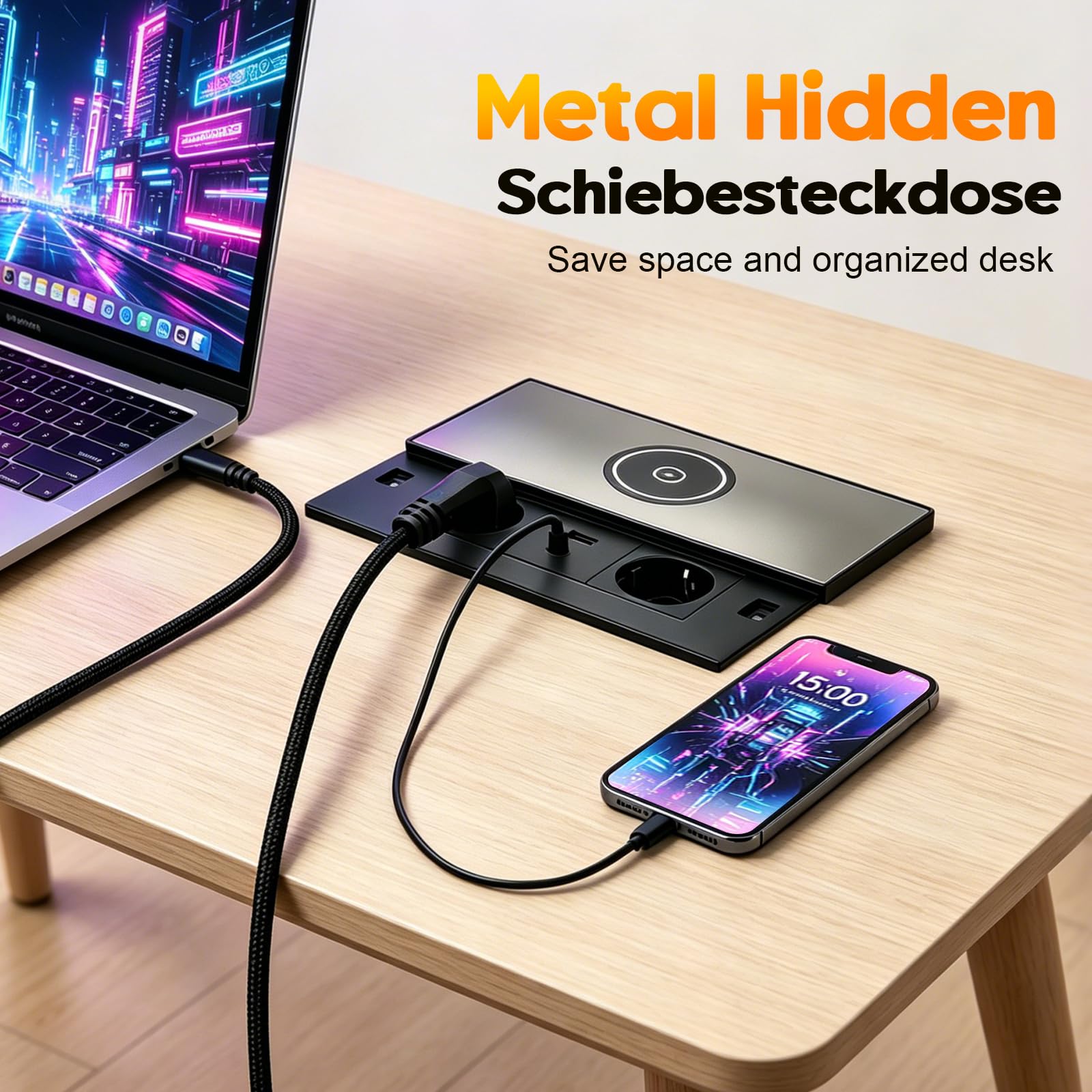 Einbausteckdose Versenkbar, 2 Fach Einbausteckdose mit Deckel, USB C PD 30W USB A, Tischplatte Einbausteckdose mit Kabellosem Laden, für Schreibtisch Küche Büro Konferenztisch, 1,8m Kabel