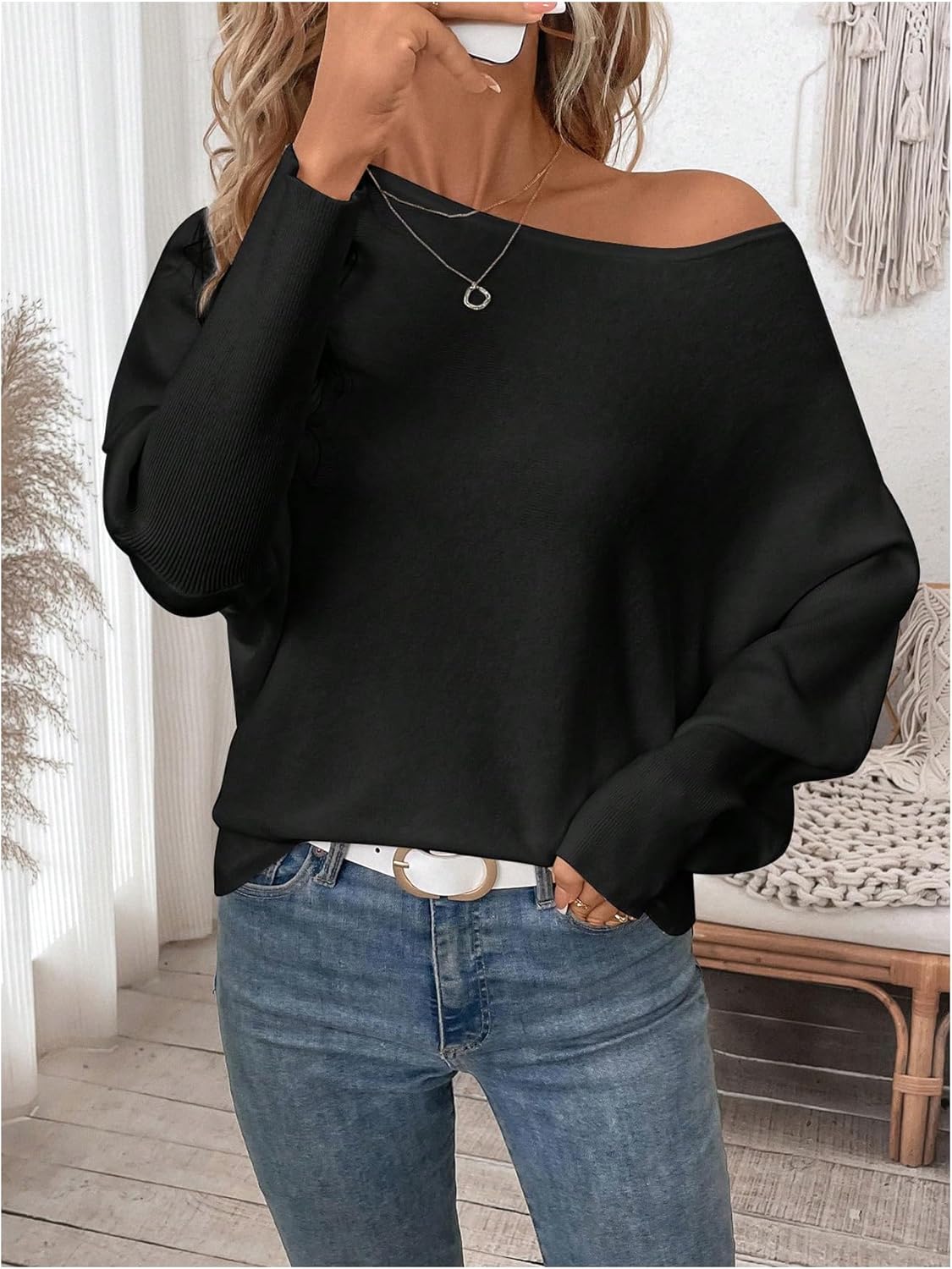 SHENHE Women's Off Shoulder Dolman Sleeve Sweater Pullover Boat Neck Loose Knit Jumper Top - Image 4
