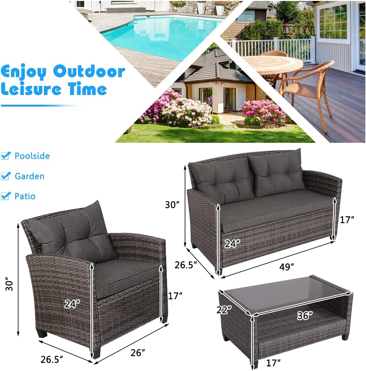 ORALNER 4 Pieces Patio Furniture Set, Wicker Conversation Set Rattan Chairs with Soft Cushions, Glass Coffee Table, Outdoor Loveseat Sofa Set for Front Porch Balcony Garden Deck Poolside (Grey)
