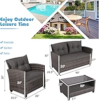 Vista 5 de RELAX4LIFE Juego de muebles de patio de 4 piezas, juego de conversación de mimbre de ratán PE con mesa de centro de vidrio templado y cojines